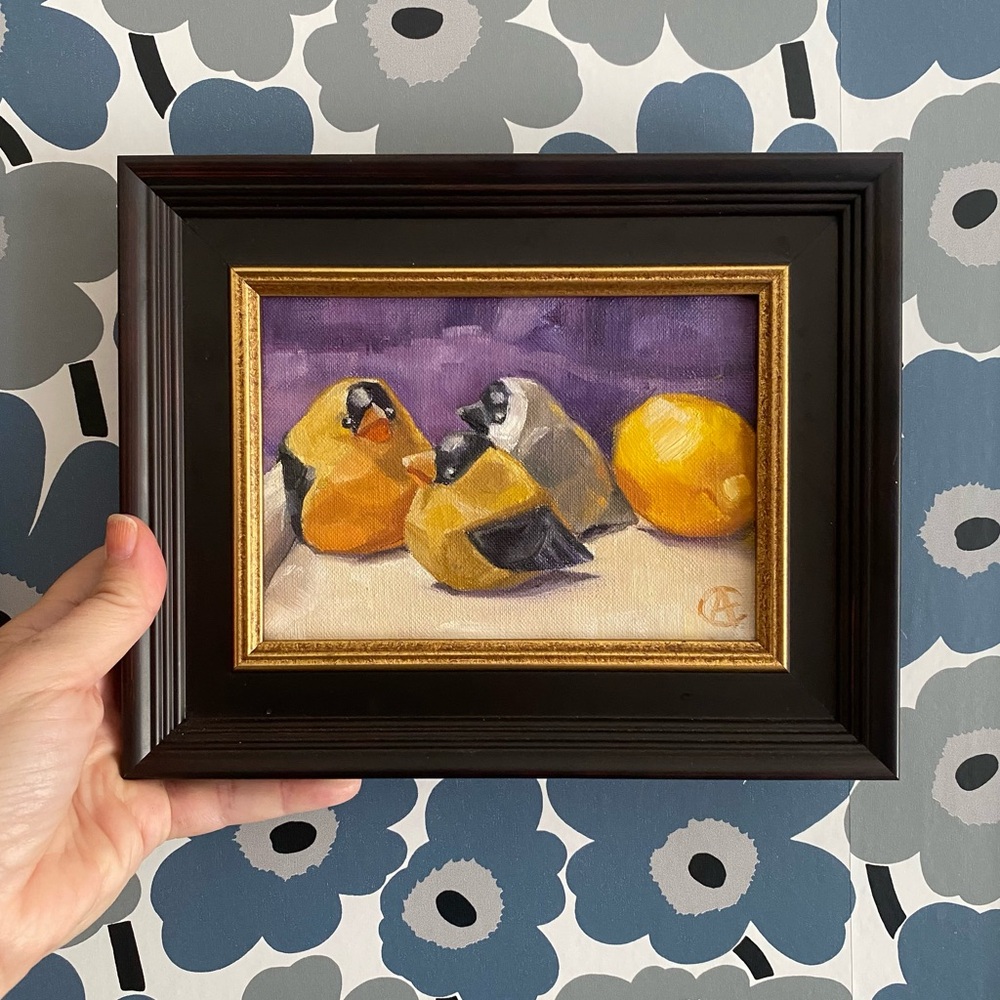 Original oil painting Charming Chunky Bird Art in Black Frame signed 8” by 10”
